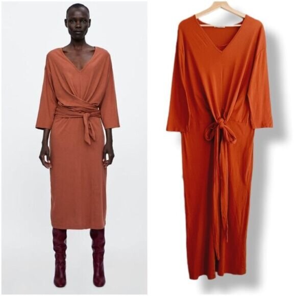 ZARA | 100% Cotton Minimalist Modern V-Neck Midi Dress Orange Sz S - Picture 16 of 16
